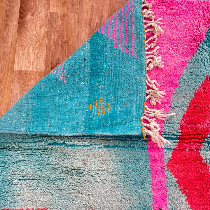Vintage Moroccan wool rug 870 – handmade Berber carpet with abstract color blocks in turquoise, pink, mustard, and coral. 305 × 205 cm (10.00 × 6.72 ft).