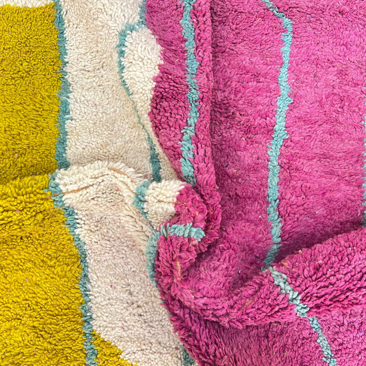 Vintage Moroccan wool rug 844 – handmade Berber carpet with geometric color blocks in fuchsia, yellow, blue, orange, and cream. 305 × 187 cm (10.00 × 6.13 ft).