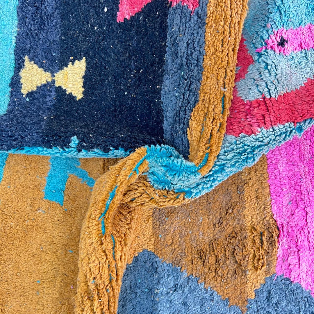 Vintage Moroccan wool rug 870 – handmade Berber carpet with abstract color blocks in turquoise, pink, mustard, and coral. 305 × 205 cm (10.00 × 6.72 ft).
