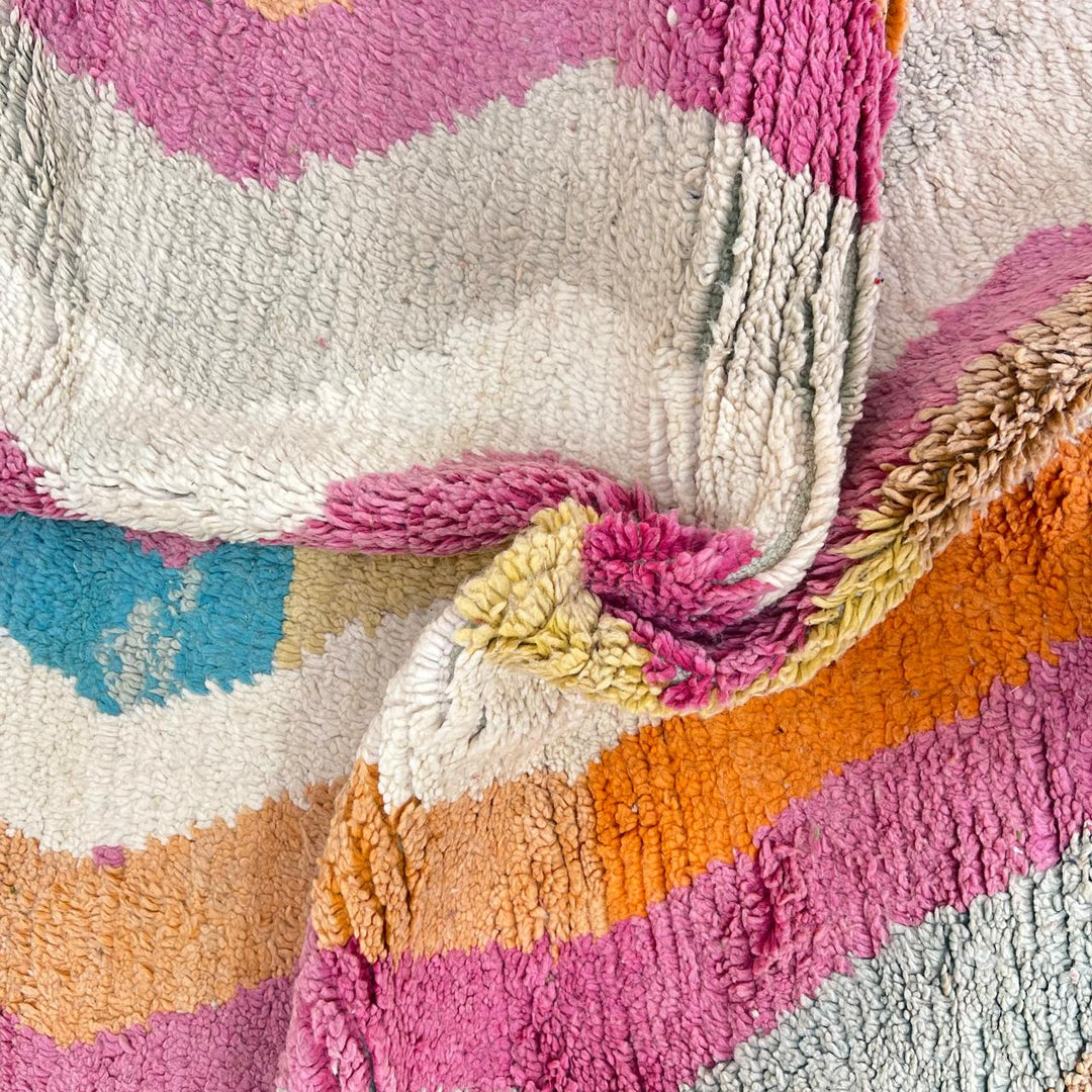 Vintage Moroccan wool rug 781 – handmade Berber carpet with zigzag chevron pattern in pink, orange, cream, and blue. 244 × 151 cm (8.01 × 4.95 ft).