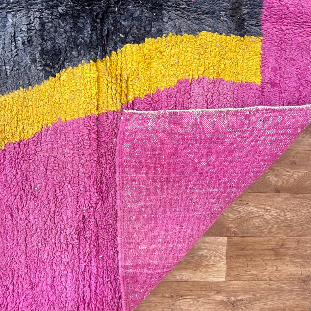 Vintage Moroccan wool rug 827 – handmade Berber carpet with pink, black, yellow and mint abstract shape. 291 × 192 cm (9.54 × 6.30 ft).