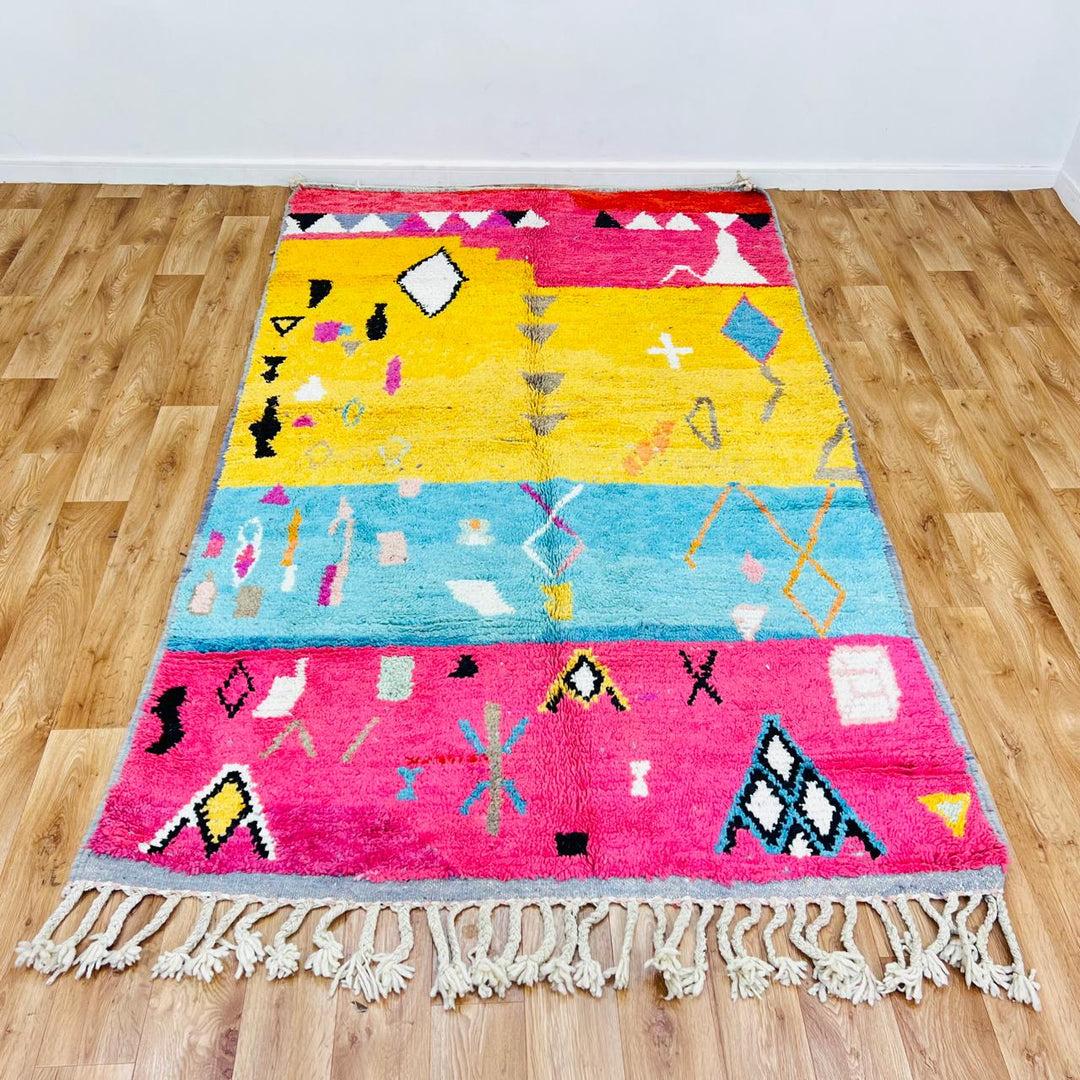 Vintage Moroccan wool rug with colorful geometric Berber patterns in yellow, pink, turquoise and ivory, handmade in Morocco, rug 461