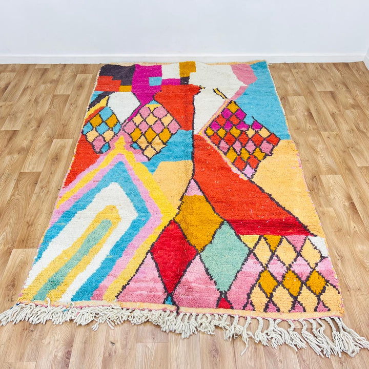 Vintage Moroccan wool rug with bold abstract geometric patterns in red, pink, yellow and blue, handwoven by Berber artisans – Rug 280