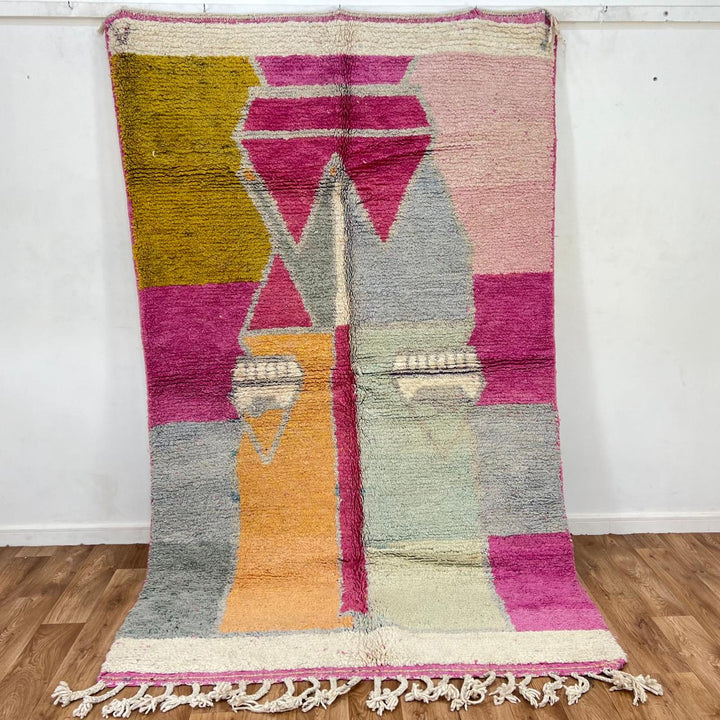Vintage Moroccan wool rug 732 – handmade pink and mustard Berber carpet with geometric color block design (258 × 155 cm / 8.46 × 5.08 ft).