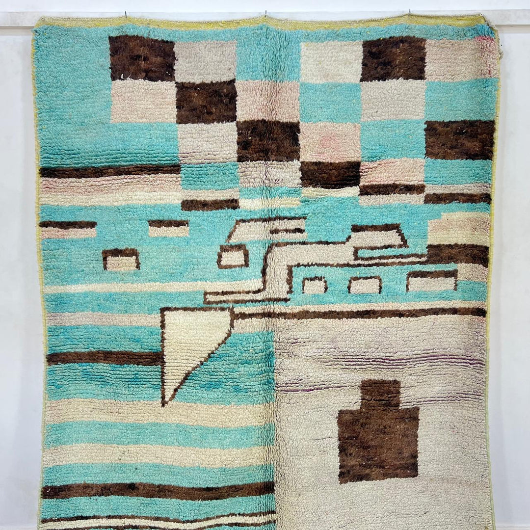 Vintage Moroccan Wool Rug – Aqua Blue &amp; Cream Geometric Design 748