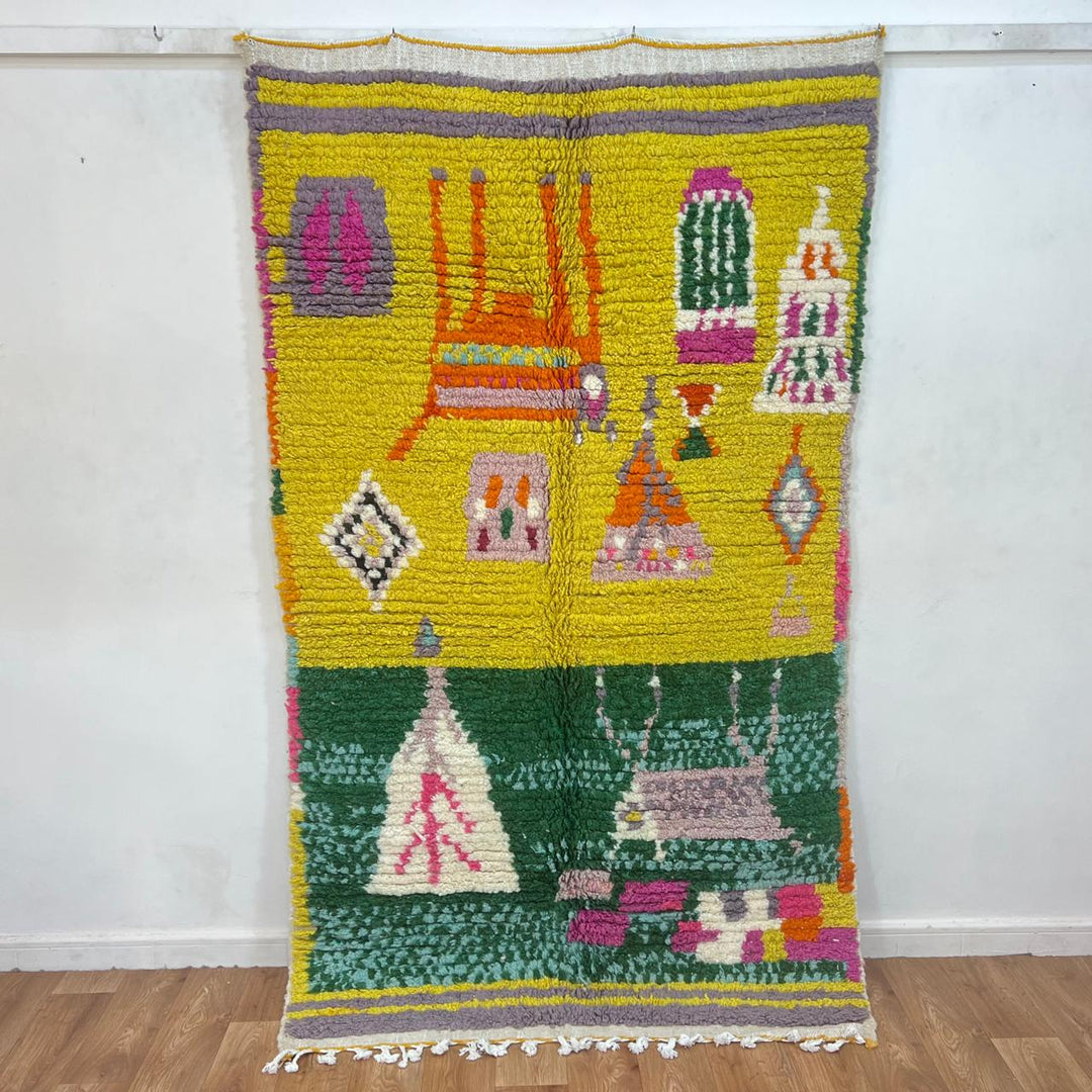 Vintage Moroccan Wool Rug 14 – handmade yellow and green Berber rug with colorful tribal motifs (211 × 126 cm).