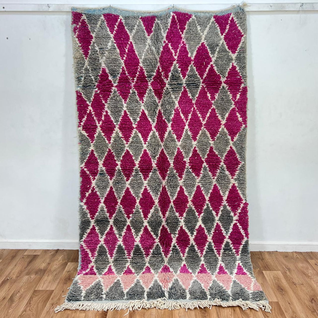 Vintage Moroccan Wool Rug – Pink & Gray Diamond Berber Carpet 788