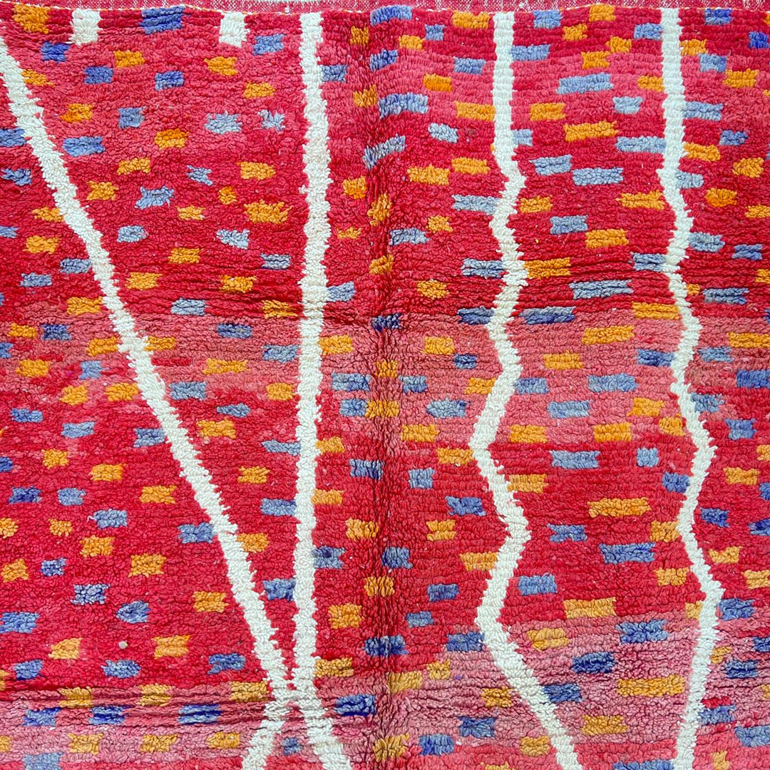 Vintage Moroccan wool rug 832 – handmade red and orange abstract Berber carpet with geometric details (292 × 190 cm / 9.57 × 6.23 ft).