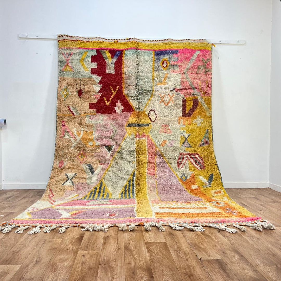 Vintage Moroccan wool rug BA106 – handmade colorful Berber carpet with yellow and pink geometric patterns (210 × 310 cm / 6.88 × 10.17 ft).