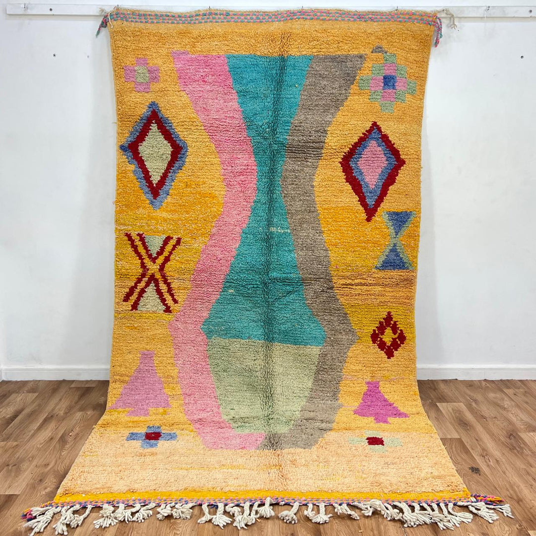 Vintage Moroccan wool rug 763 – handmade colorful Berber carpet with yellow, turquoise, pink, and red geometric diamond patterns (283 × 162 cm / 9.28 × 5.31 ft).