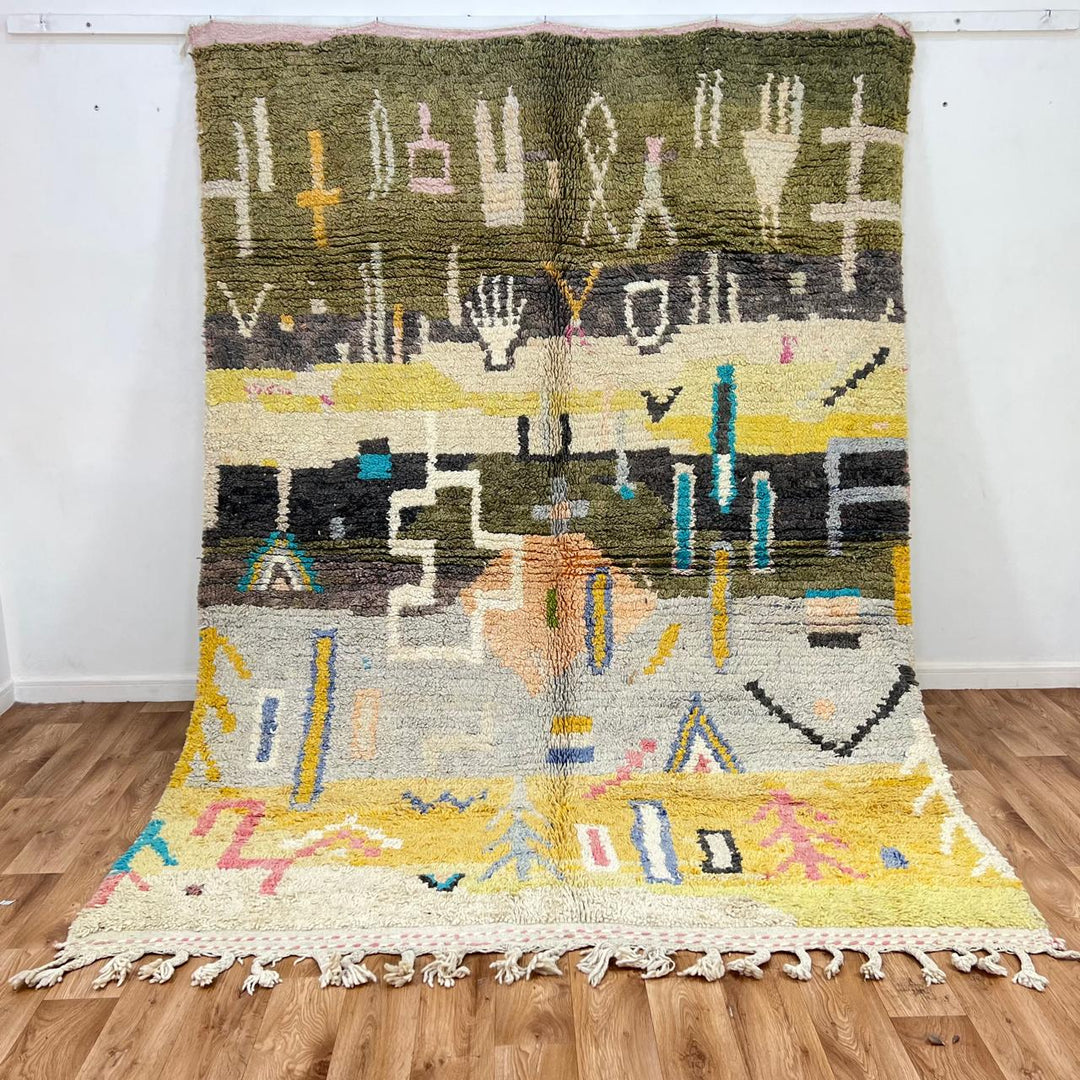 Vintage Moroccan wool rug 829 – handmade Berber carpet with olive green, yellow, beige, and tribal abstract patterns, 286 × 202 cm (9.38 × 6.62 ft).