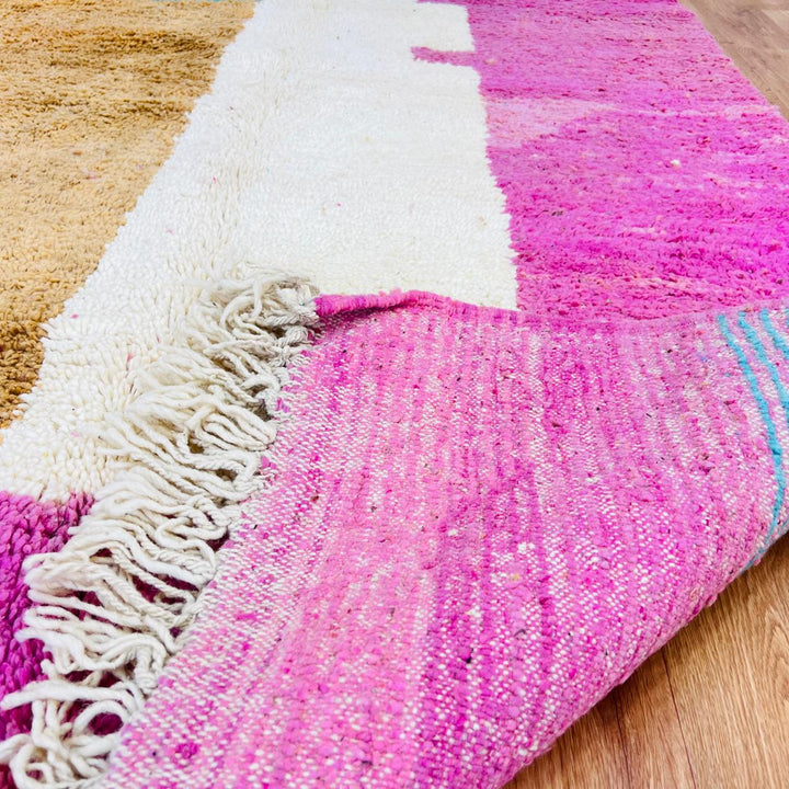 Vintage Moroccan rug handmade from wool with pink camel ivory color block design, 261x157 cm