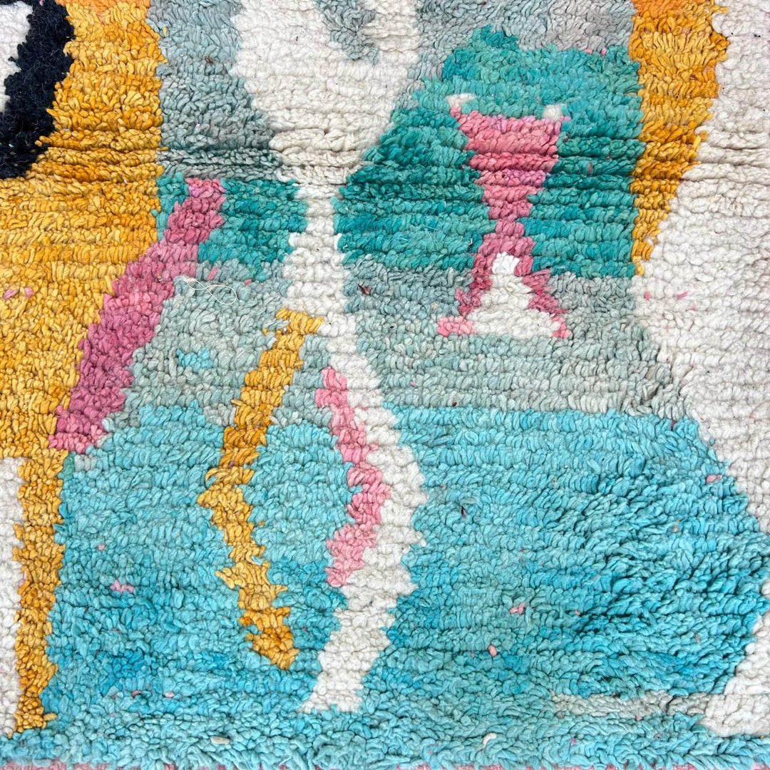 Vintage Moroccan Wool Rug – Turquoise & Yellow Abstract Berber Carpet 857