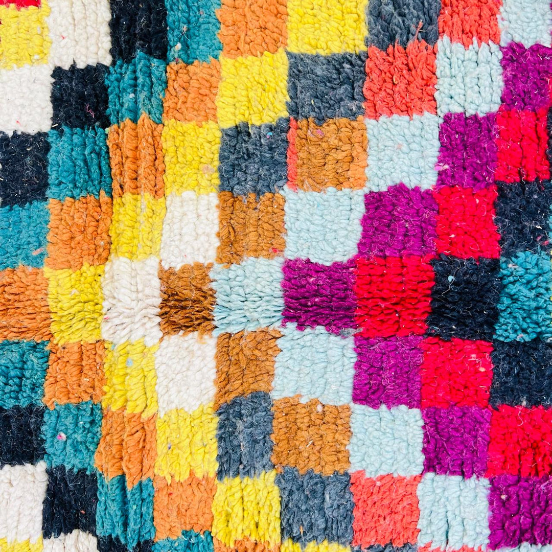 Vintage Moroccan checkered wool rug with colorful geometric squares, handmade Berber rug from Morocco, 280 x 157 cm