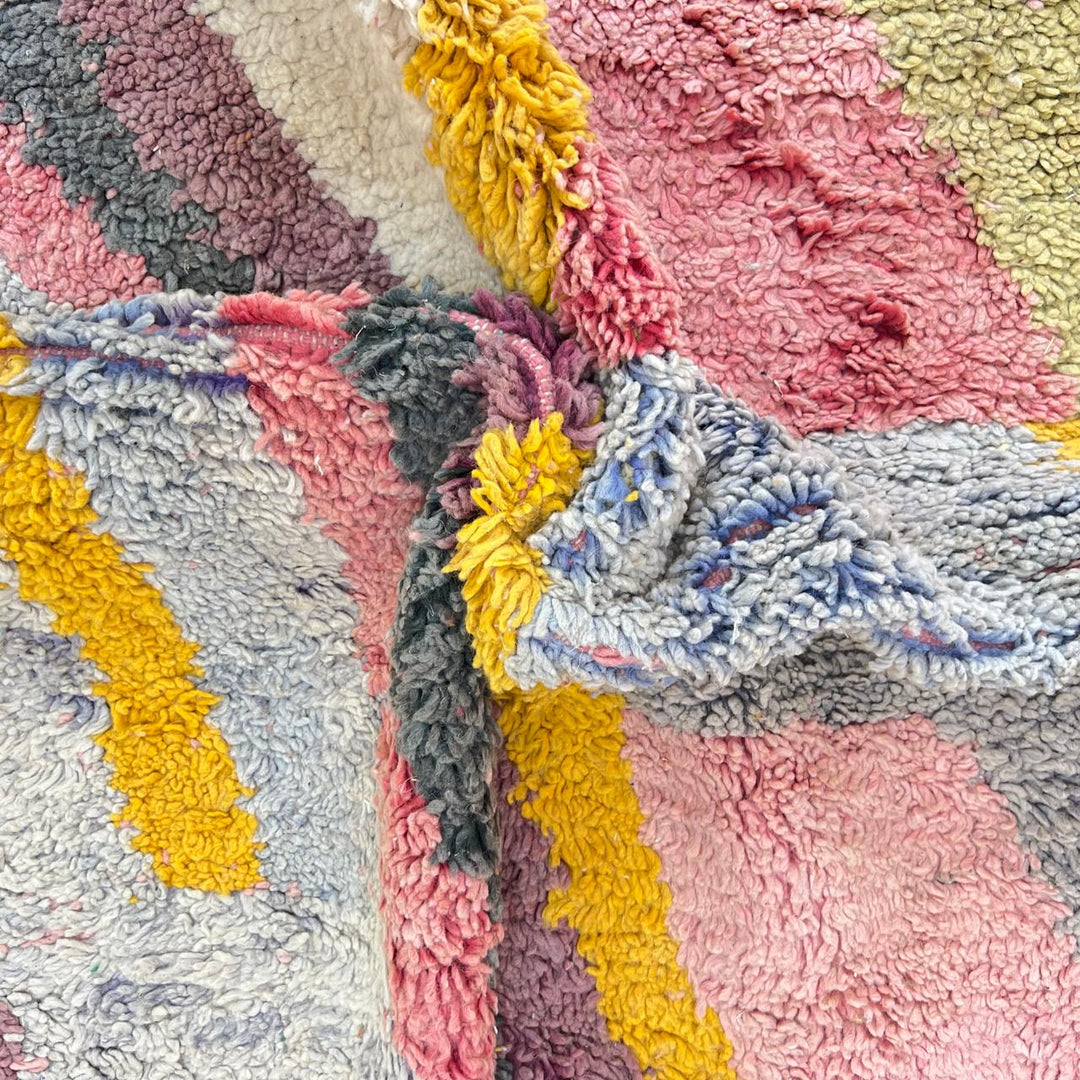 Vintage Moroccan wool rug 875 – handmade colorful Berber carpet with geometric shapes in pink, yellow, and turquoise (300 × 198 cm / 9.84 × 6.5 ft).