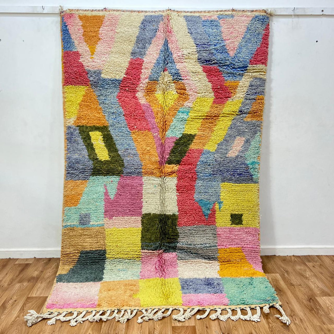 Vintage Moroccan wool rug 197 – handmade colorful geometric abstract Berber design (245 × 156 cm).