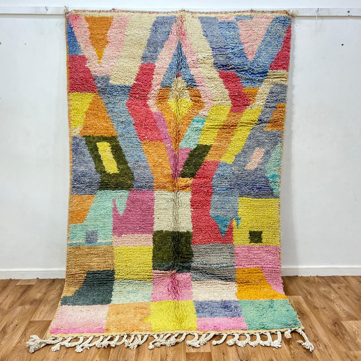 Vintage Moroccan wool rug 197 – handmade colorful geometric abstract Berber design (245 × 156 cm).