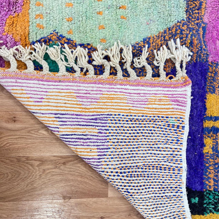 Vintage Moroccan wool rug 836 – handmade colorful Berber carpet with purple and orange geometric abstract motifs (290 × 199 cm / 9.51 × 6.53 ft).