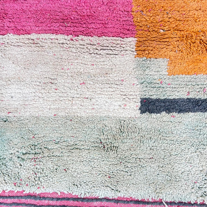 Vintage Moroccan wool rug 848 – handmade pink and orange Berber carpet, abstract color-block design, medium pile, 311 × 190 cm (10.20 × 6.23 ft).