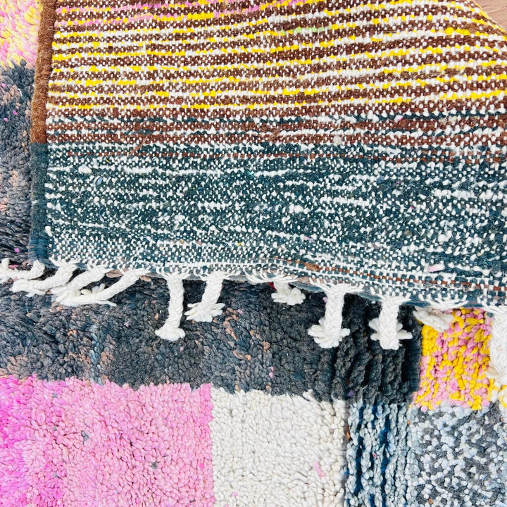 Vintage Moroccan wool rug with abstract color block design, handmade Berber carpet from Morocco