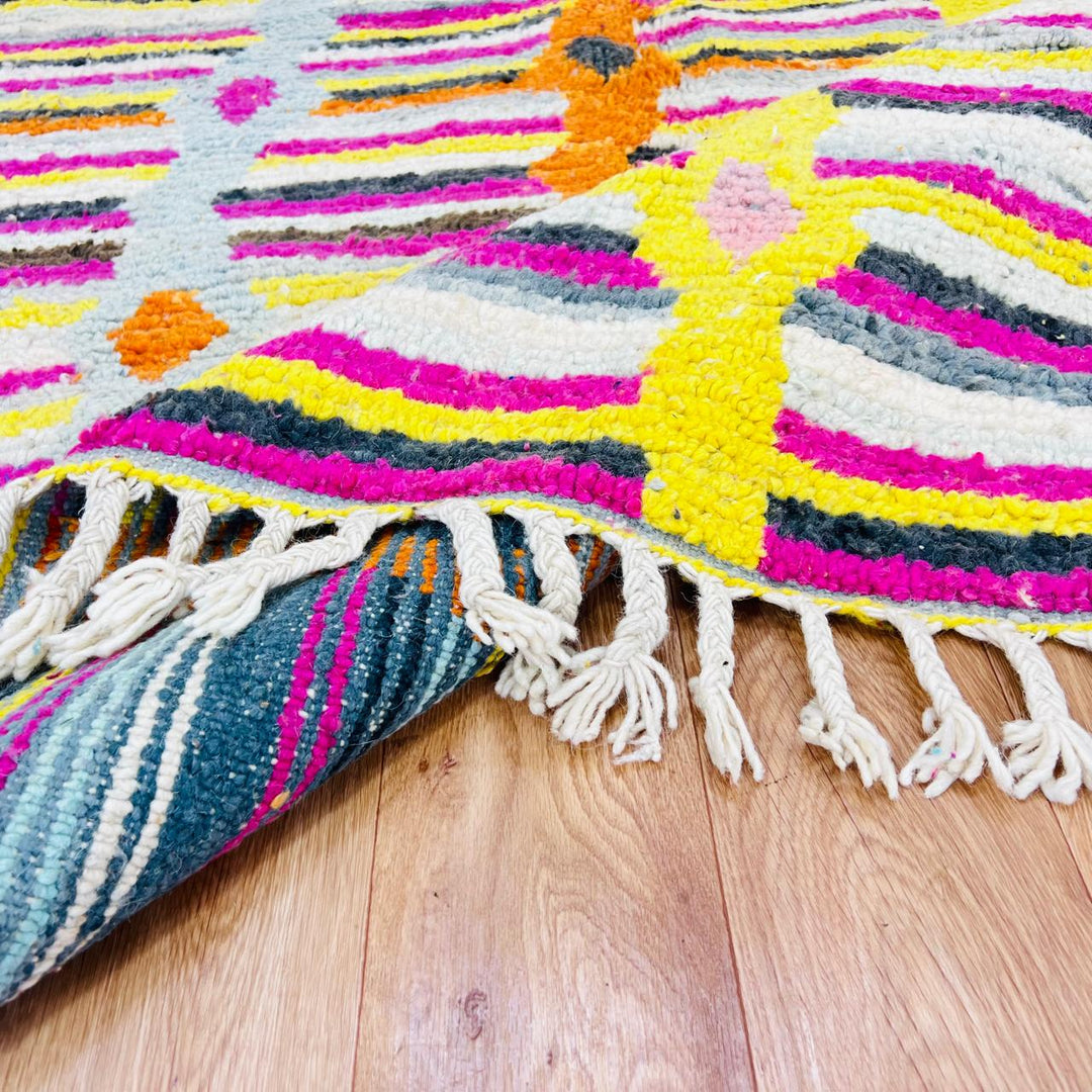 Vintage Moroccan striped wool rug with colorful geometric stripes, handmade Berber carpet 243x157 cm