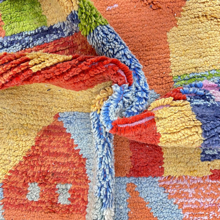 Vintage Moroccan wool rug 769 – handmade colorful abstract Berber carpet in orange, yellow and pink (262 × 156 cm / 8.59 × 5.11 ft).