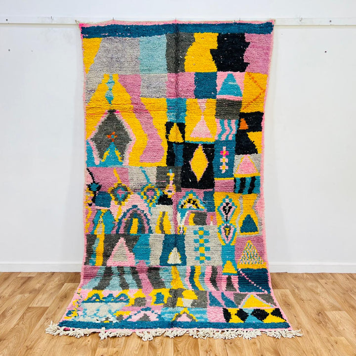 Vintage Moroccan Rug – Pink Yellow Blue Geometric 620