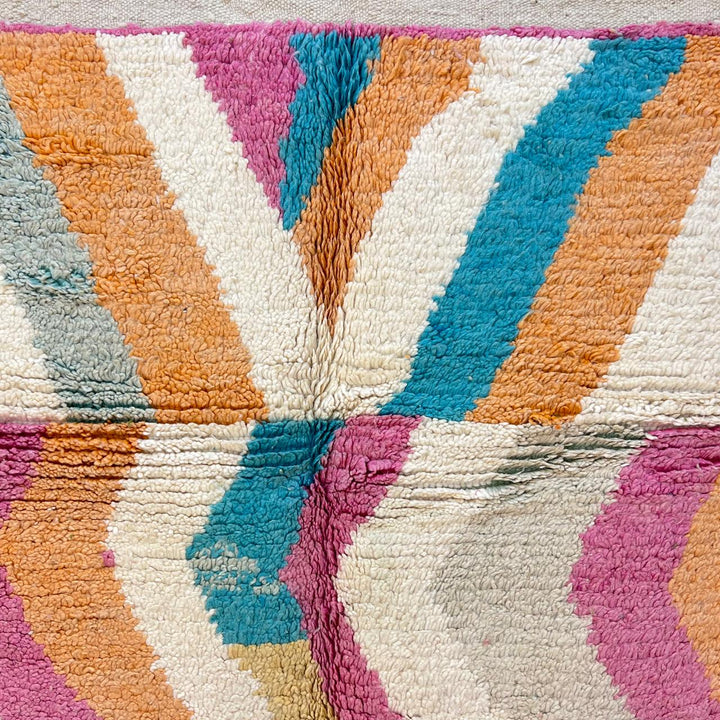 Vintage Moroccan wool rug 781 – handmade Berber carpet with zigzag chevron pattern in pink, orange, cream, and blue. 244 × 151 cm (8.01 × 4.95 ft).