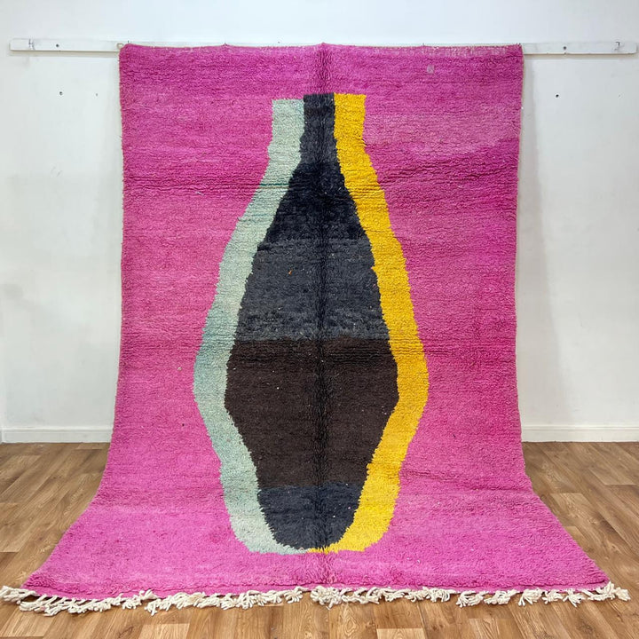 Vintage Moroccan wool rug 827 – handmade Berber carpet with pink, black, yellow and mint abstract shape. 291 × 192 cm (9.54 × 6.30 ft).
