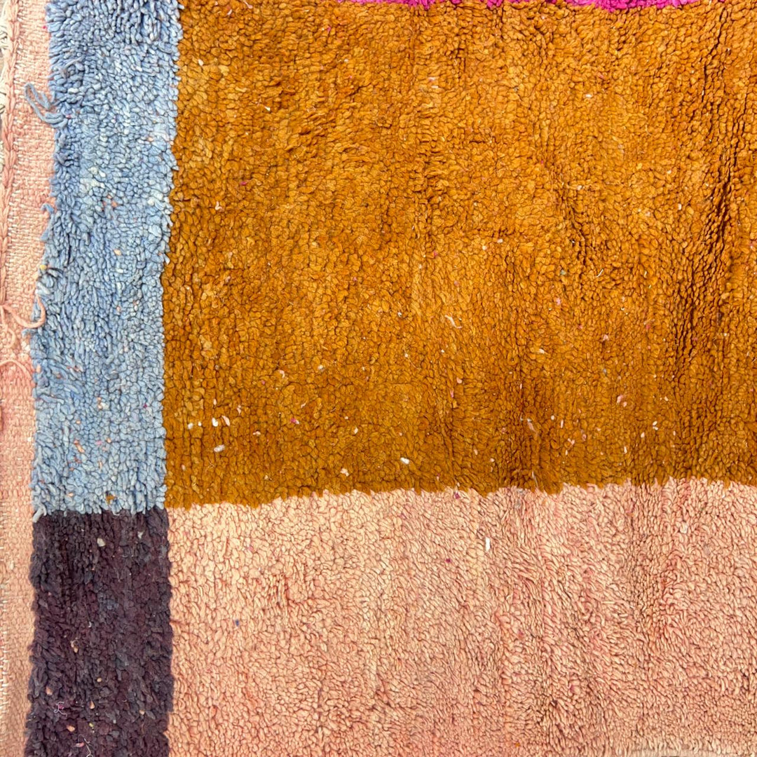 Vintage Moroccan wool rug K159 – handmade Berber carpet with pink, orange, and brown color blocks. 287 × 204 cm (9.41 × 6.69 ft).