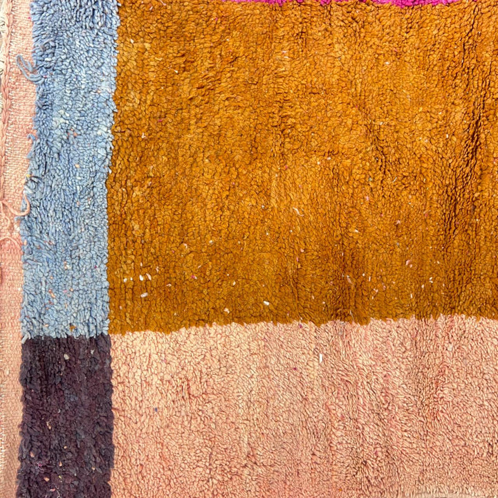 Vintage Moroccan wool rug K159 – handmade Berber carpet with pink, orange, and brown color blocks. 287 × 204 cm (9.41 × 6.69 ft).