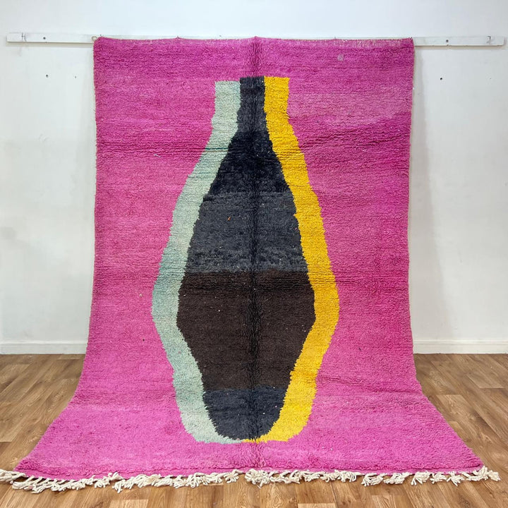 Vintage Moroccan wool rug 827 – handmade Berber carpet with pink, black, yellow and mint abstract shape. 291 × 192 cm (9.54 × 6.30 ft).