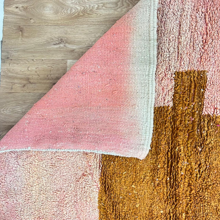 Vintage Moroccan wool rug K159 – handmade Berber carpet with pink, orange, and brown color blocks. 287 × 204 cm (9.41 × 6.69 ft).