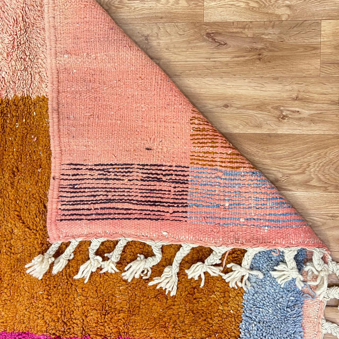 Vintage Moroccan wool rug K159 – handmade Berber carpet with pink, orange, and brown color blocks. 287 × 204 cm (9.41 × 6.69 ft).