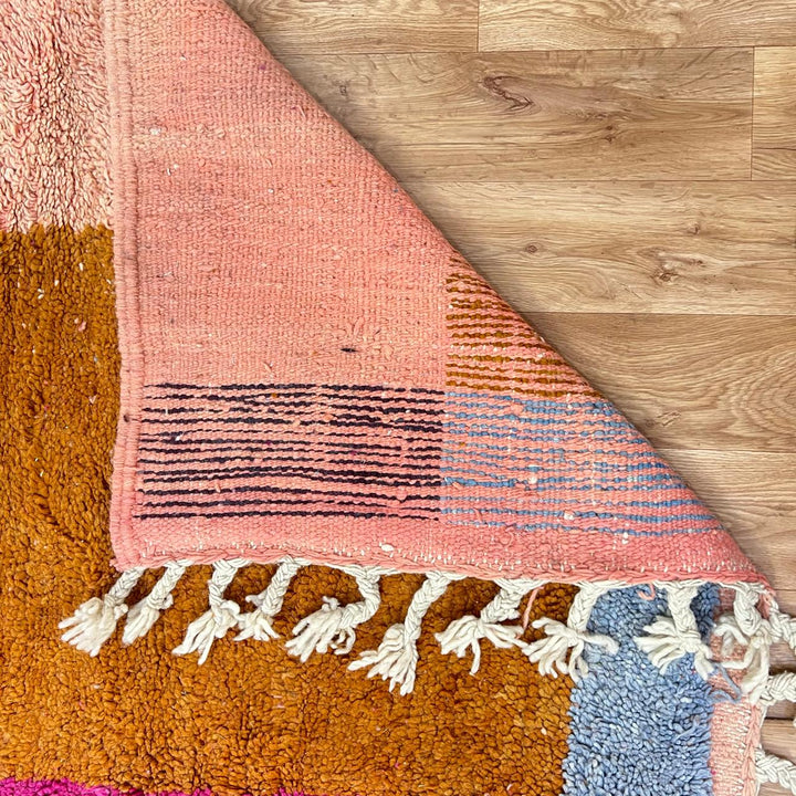 Vintage Moroccan wool rug K159 – handmade Berber carpet with pink, orange, and brown color blocks. 287 × 204 cm (9.41 × 6.69 ft).