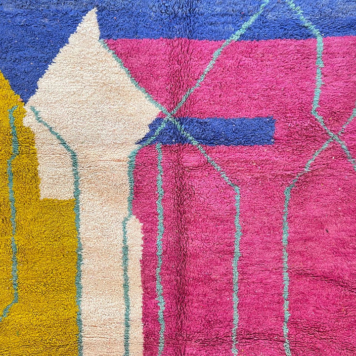 Vintage Moroccan wool rug 844 – handmade Berber carpet with geometric color blocks in fuchsia, yellow, blue, orange, and cream. 305 × 187 cm (10.00 × 6.13 ft).