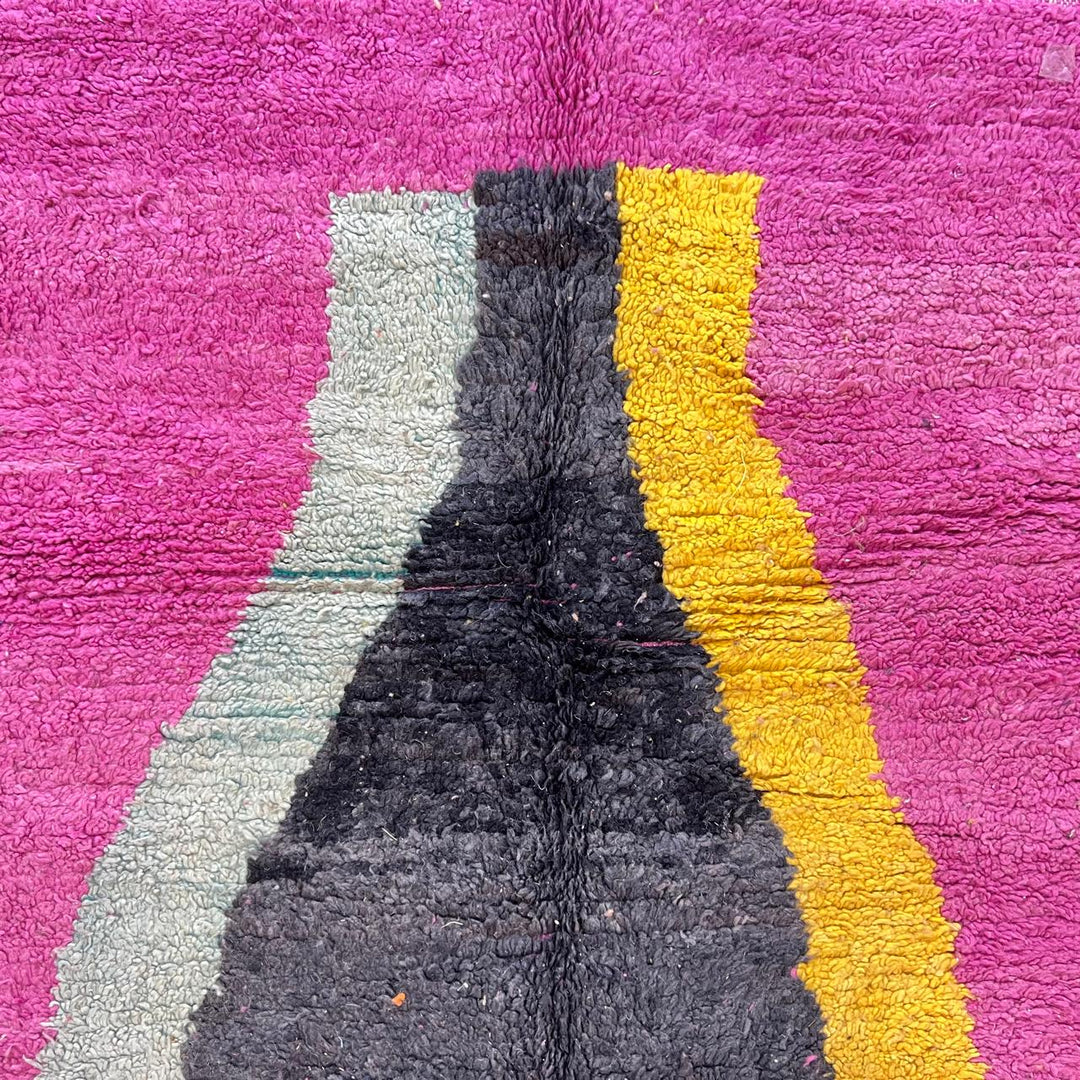 Vintage Moroccan wool rug 827 – handmade Berber carpet with pink, black, yellow and mint abstract shape. 291 × 192 cm (9.54 × 6.30 ft).
