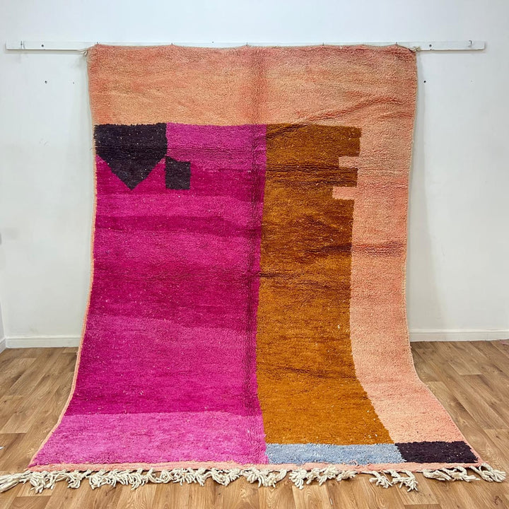 Vintage Moroccan wool rug K159 – handmade Berber carpet with pink, orange, and brown color blocks. 287 × 204 cm (9.41 × 6.69 ft).