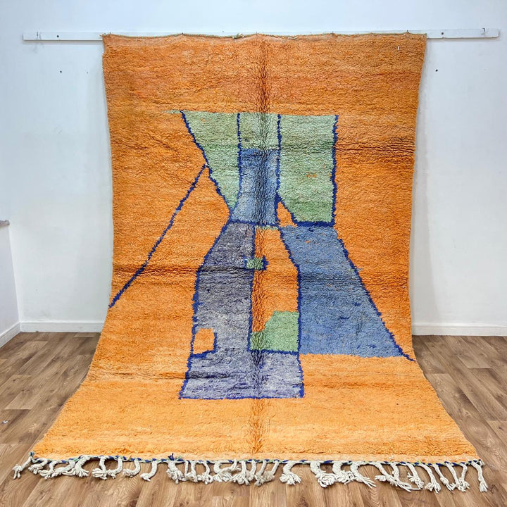 Vintage Moroccan wool rug 826 – handmade Berber carpet with orange, blue, and green geometric abstract design. 308 × 195 cm (10.1 × 6.39 ft).