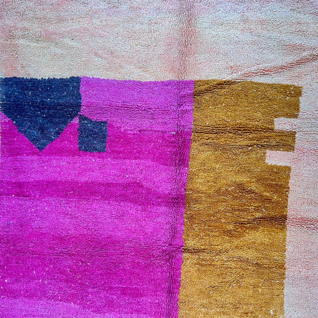 Vintage Moroccan wool rug K159 – handmade Berber carpet with pink, orange, and brown color blocks. 287 × 204 cm (9.41 × 6.69 ft).