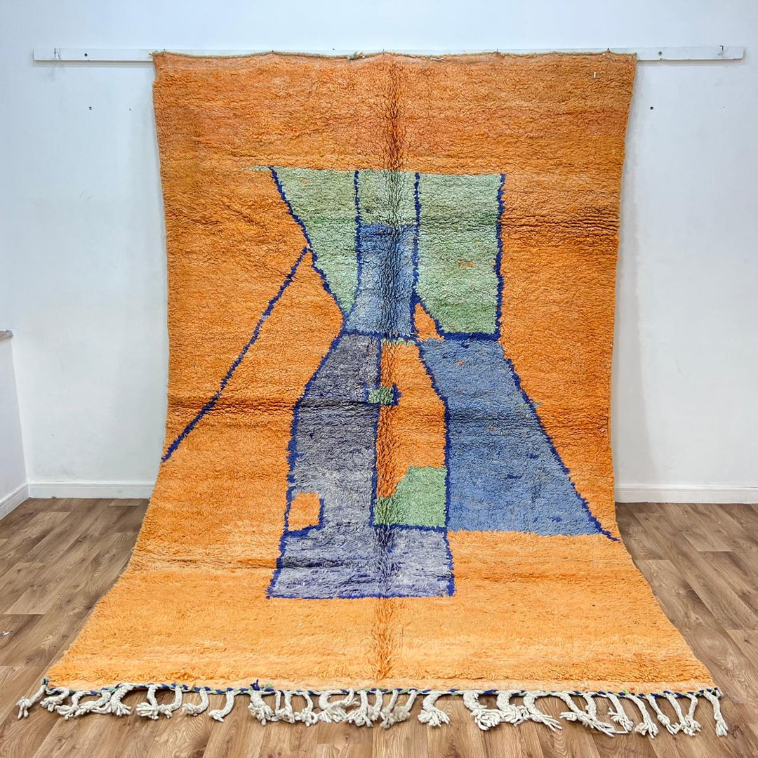Vintage Moroccan wool rug 826 – handmade Berber carpet with orange, blue, and green geometric abstract design. 308 × 195 cm (10.1 × 6.39 ft).