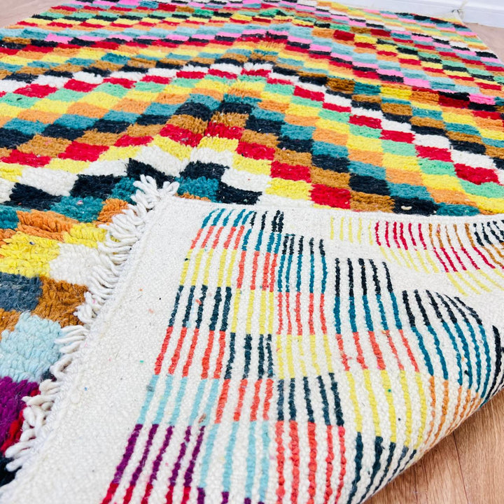 Vintage Moroccan checkered wool rug with colorful geometric squares, handmade Berber rug from Morocco, 280 x 157 cm