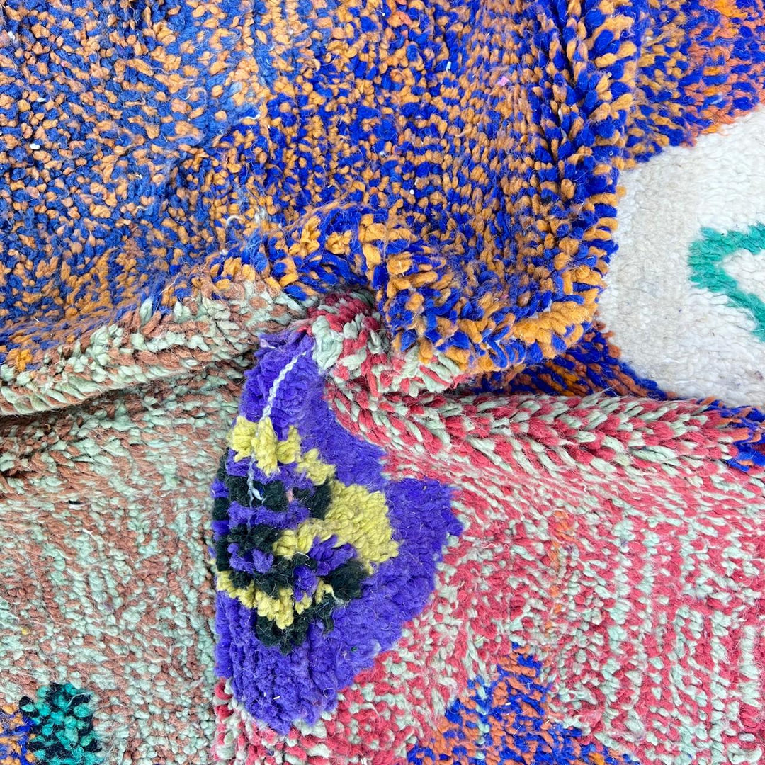 Vintage Moroccan wool rug 836 – handmade colorful Berber carpet with purple and orange geometric abstract motifs (290 × 199 cm / 9.51 × 6.53 ft).