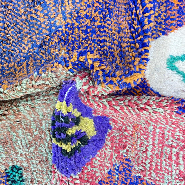 Vintage Moroccan wool rug 836 – handmade colorful Berber carpet with purple and orange geometric abstract motifs (290 × 199 cm / 9.51 × 6.53 ft).