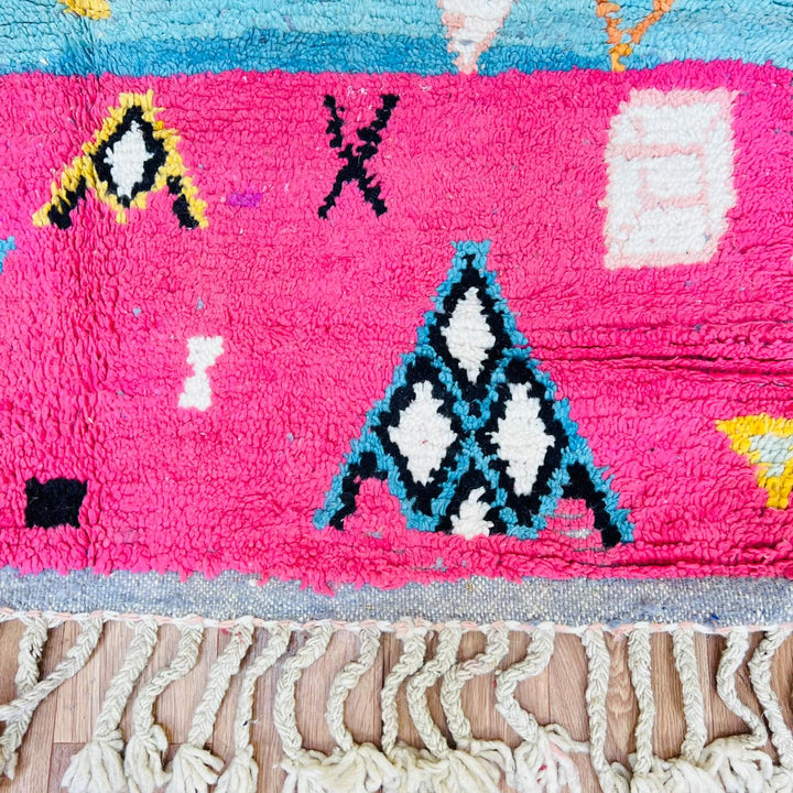 Vintage Moroccan wool rug with colorful geometric Berber patterns in yellow, pink, turquoise and ivory, handmade in Morocco, rug 461