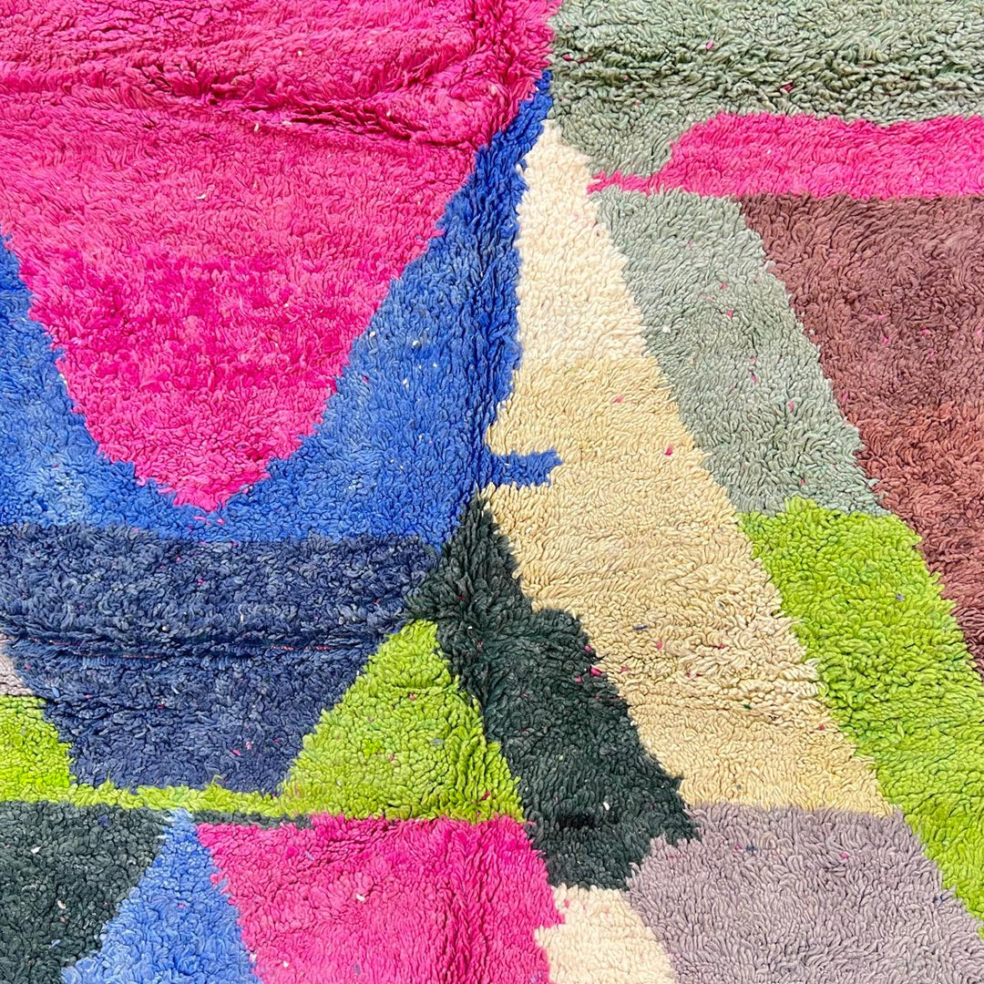 Vintage Moroccan wool rug 853 – colorful abstract handmade Berber carpet in pink, blue, green, and beige (287 × 209 cm / 9.41 × 6.86 ft).