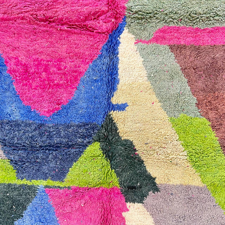 Vintage Moroccan wool rug 853 – colorful abstract handmade Berber carpet in pink, blue, green, and beige (287 × 209 cm / 9.41 × 6.86 ft).