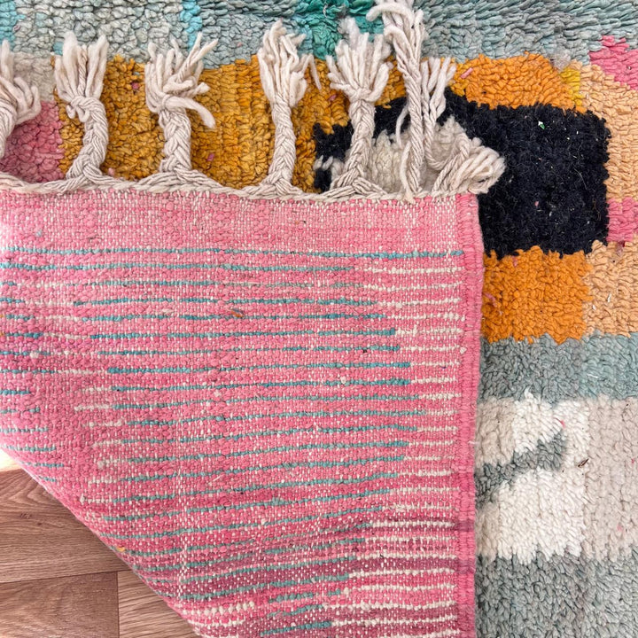 Vintage Moroccan Wool Rug – Turquoise & Yellow Abstract Berber Carpet 857