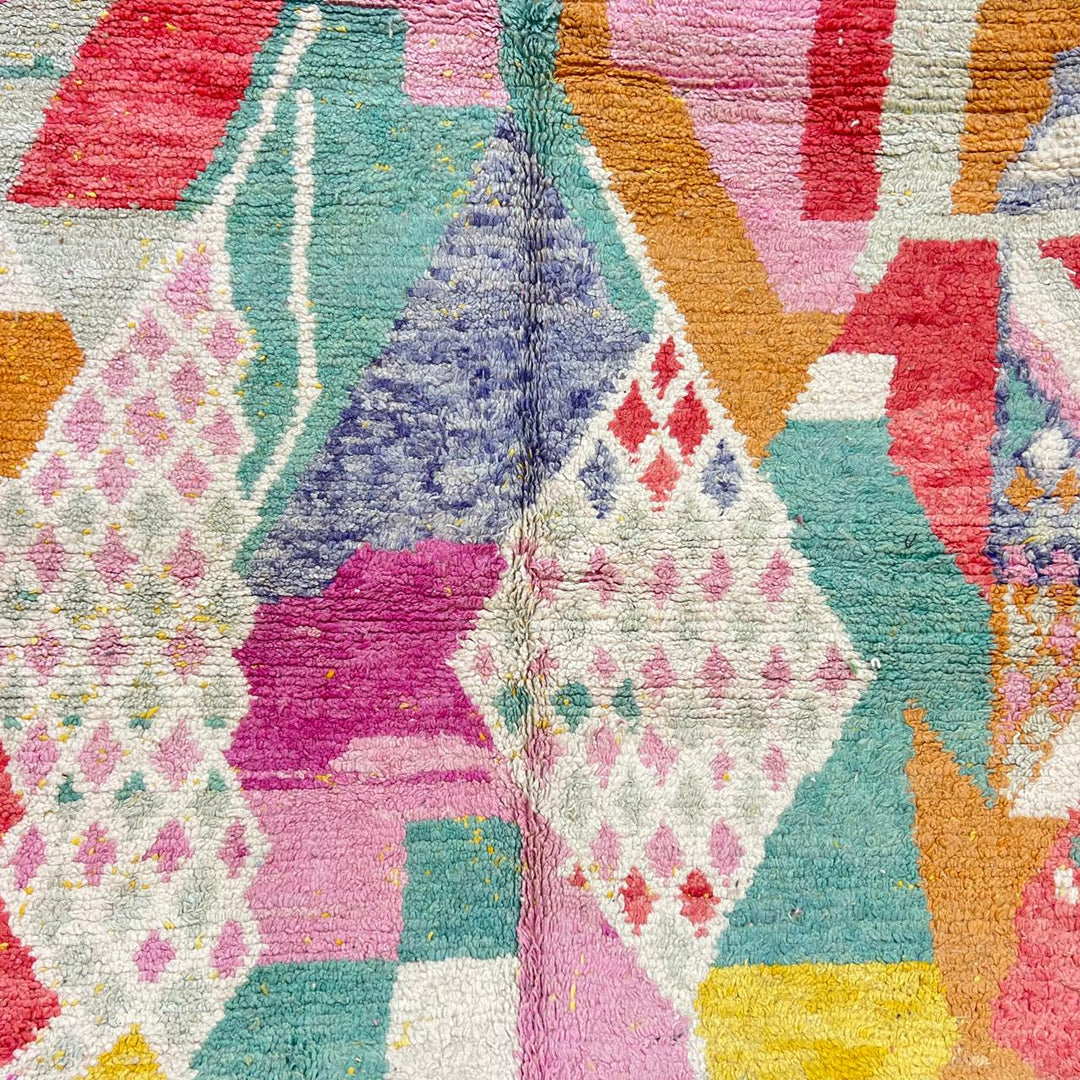 Vintage Moroccan wool rug 831 – handmade Berber carpet with colorful geometric abstract patterns, 305 × 187 cm (10.00 × 6.13 ft).