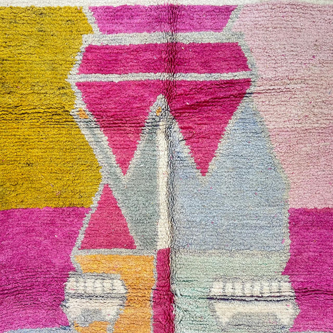 Vintage Moroccan wool rug 732 – handmade pink and mustard Berber carpet with geometric color block design (258 × 155 cm / 8.46 × 5.08 ft).